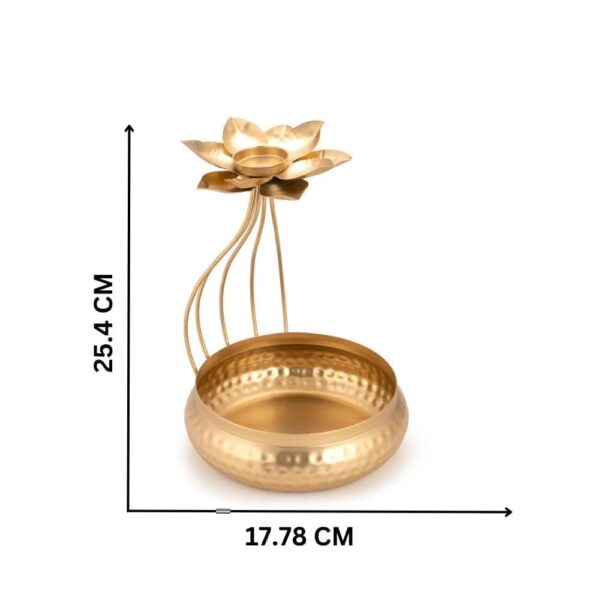 Dominque Metal Lotus Design Tealight Candle Holder with Base of Urli Bowl, Home Decor, Tabletop, Diwali Gift Items 10 Inch Height (Gold)