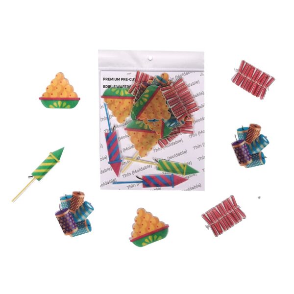 Tastycrafts Pre-Cut Wafer Paper I Cake Décor I Cake Topping I Edible I Stick-on Cake décor I Decorations for Cake, Cupcake and Pastry I DIWALI CRACKERS - 16 Pcs (WPC-055)