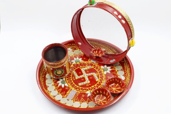Piepot | Karwa Chauth Designer Pooja Thali Set | Decorative Stainless Steel Thali Set | Lota, Kalash, Diya, and Bowls | Trafitional Poooja Thalis | Channi Lota Included