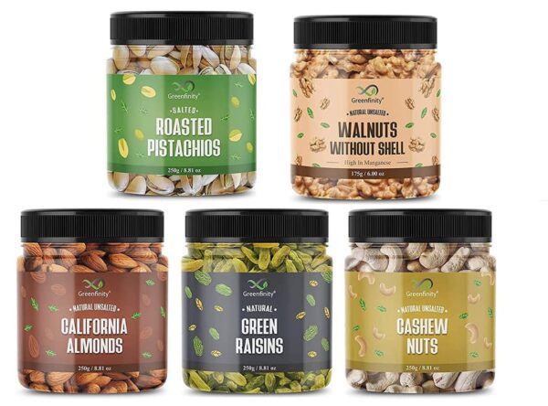 Greenfinity Dry Fruit Combo (Almonds, Cashews, Roasted Pistachios, Green Raisins - 250g, Walnuts Without Shells - 175g) Set of 1.175KG