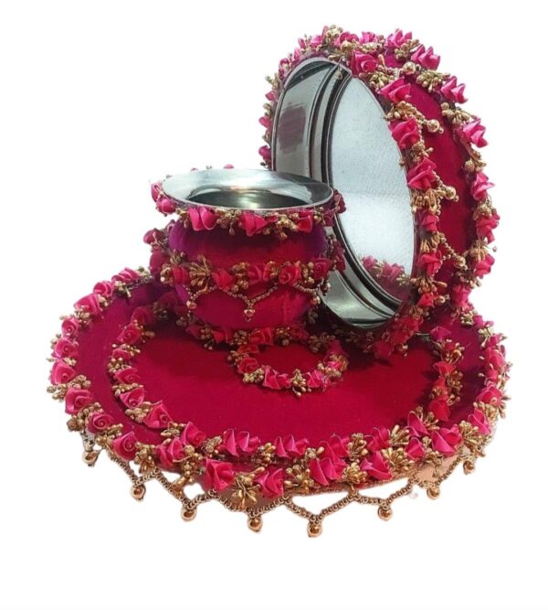 GiftsBouquet Karwachauth Thali Set I Karvachauth I Karwa chauth I Karva chauth Puja Stainless Steel Thali Set - Channi/Lota for Vrat Poojan, Standard, Magenta