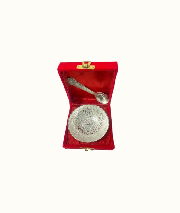 Beyond Gifting Premium German Silver Bowl Set with Spoon and Royal Red Velvet Box Set of 2pc for Gifting, Anniversory, Return Gift, Diwali, New Year, Christmas,Wedding,RakshaBandhan