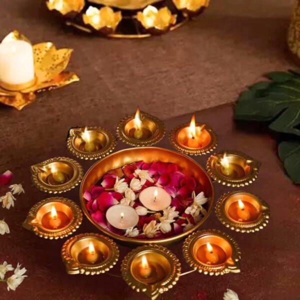 CRAZE CRAFTS Hammered Copper Look Diya Urli Diya & Flower Decorative Bowl for Floating Flowers and Tea Light Candles Home,Office and Table Decor| Diwali Decoration Items, Metal, 10 inches Gold Finish.
