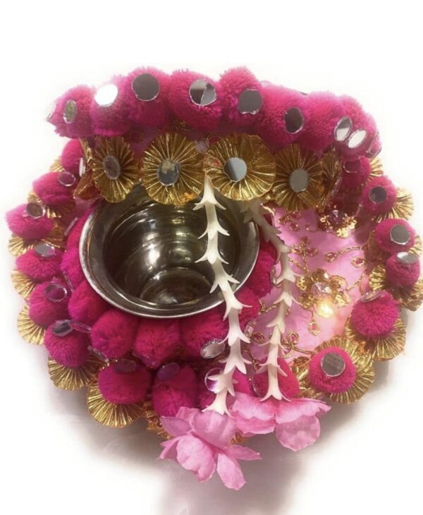 AGAAS ENTERPRISES Designer Traditional Karva Chauth Thali Set of 5 Matching Bangle/Lota/Chalni/Pink Puja Thali Wedding Tilak Thali Sargi Gift