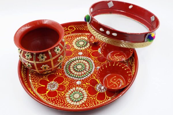 Piepot | Karwa Chauth Decorative Pooja Thali Set | Designer Stainless Steel Thali Set | Lota, Kalash, Diya, and Bowls | Trafitional Poooja Thalis | Channi Lota Included