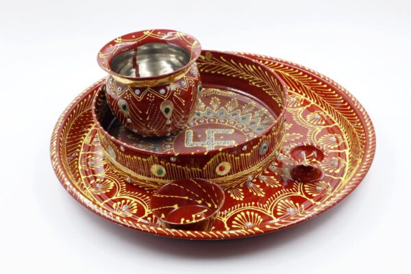 Piepot | Karwa Chauth Pooja Thali Set | Decorative and Designer Stainless Steel Thali Set | Lota, Kalash, Diya, and Bowls | Trafitional Poooja Thalis | Channi Lota Included