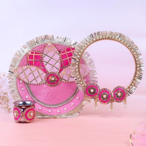 Royals of Sawaigarh Pink Perfection Karwa Chauth Pooja Thali Set with Lota & Chalni – Elegant and Traditional Pooja Thali Set, Perfect for Karwa Chauth and Religious Ceremonies