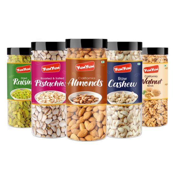 YUM YUM Dry fruits combo pack of 5 Healthy Badam, Kaju, Pista, Kishmish & Akhrot 750g - Almonds, Cashews, Pistachios, Raisins, Walnuts