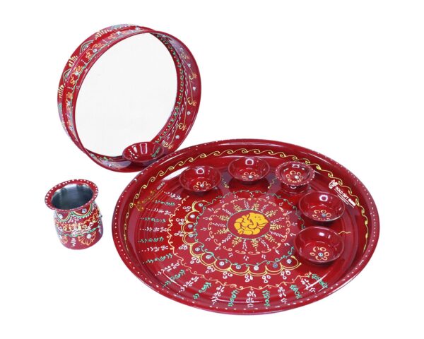 GoldGiftIdeas 12 Inch Achyuth Hand Paint Karva Chauth Thali Set for Pooja, Return Gifts, Karwachauth Decorative Pooja Thali set, Pooja Items for Home, Pooja Thali Set for Gift