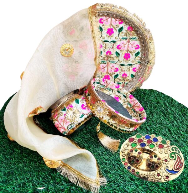 Artonezt 5 Pc Handcrafted Embroidery Karwachauth Thali Set (Thali, Kalash, Chalni, Thali Cover, Small Plate) Puja Thalis for Karwa Chauth Poojan Diwali Navratri Varalakshmi Lakshmi Ganesh Aarti