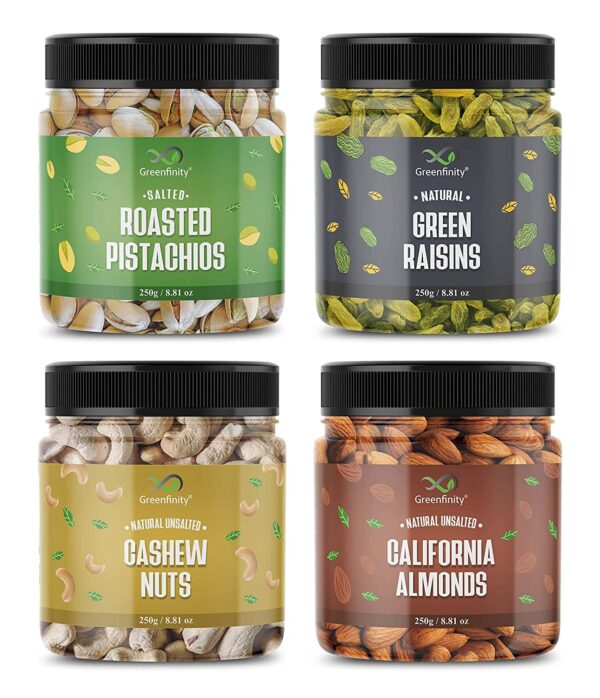 GreenFinity Dry Fruits Combo Pack of Almonds, Cashews, Raisin, Roasted Pistachio (Jar Pack) (250g * 4) 1Kg, Hampers for Employees, Dry Fruits Gift Pack and Dry Fruits for Family.