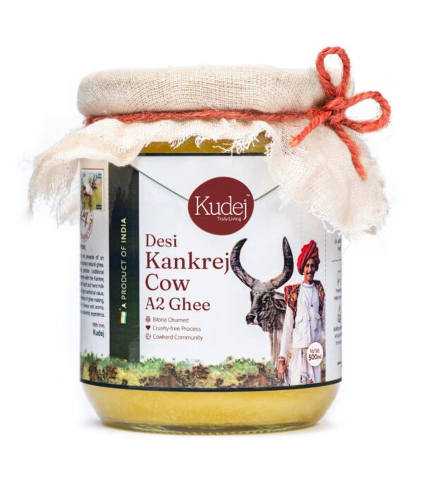 Kudej Grass-Fed Kankrej Cow A2 Ghee, 500Ml|Bilona Curd-Churned, Cruelty-Free, Ayurvedic|Digestion Booster, Eco-Friendly|Traditional Desi Ghee From Kutch Grasslands|Empowering Cowherd Community