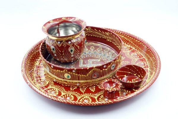 Artrust l Karwa Chauth Decorative Pooja Thali Set | Designer Stainless Steel Thali Set | Lota, Kalash, Diya, and Bowls | Traditional Poooja Thalis | Channi Lota Included (Design-1)