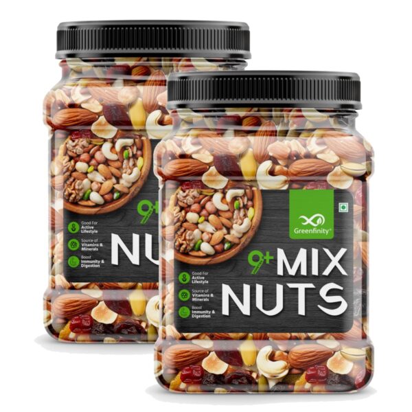 GreenFinity Healthy Nutmix 1kg | Jar Pack | Dried Almonds, Black Raisins, Cashewnuts, Cranberries, Green Raisins, Walnut Kernels & Many More. [Pack of 2].