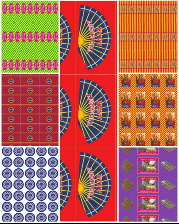 Homebakers Mart Crackers Stickers Sheets Chocolate Stickers Anar Rocket Small Ladi Big Ladi Jameen Chakkar Laxmi Bomb Sutli BombSheet Set || (Pack of 7 Different Crackers Sheet)