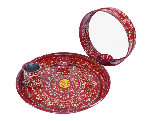 GoldGiftIdeas 9 Inch Red Hand Paint Karva Chauth Special Pooja Thali Set, Pooja Thali Decorative, Return Gifts, Pooja Items for Home, Occasional Gift