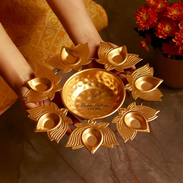 Beyond Gifting Lotus Shape Diya Flower Urli Handcrafted Bowl for Floating Flowers & Tea Light Candles Home Living Room Office & Table Decor Diwali Decoration Items Premium Metal Color Gold (10inch)