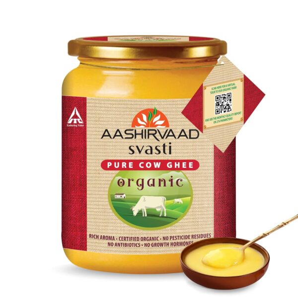 Aashirvaad Svasti Organic Cow Ghee, 500 ml| Sourced from healthy cows| Comes with authenticity proof| Slowly cooked for 3.5 hrs| Rich, nostalgic aroma