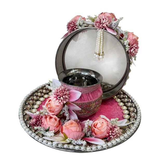 Laxmi Art & Craft Karwachauth Thali Set | Decoration | Stainless Steel Thali | Karva chauth Pooja | Beautiful Decoration | Channi | Lota | Thali | 2024 | Diwali (12 inch) 3 pcs Set (Pink)