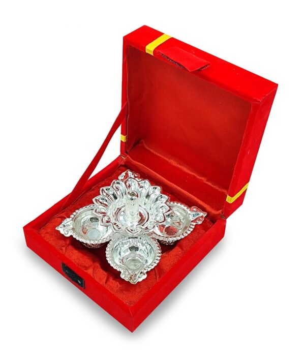 BENGALEN Diwali Gift German Silver Diya with Red Velvet Box Panchmukhi Dia Pooja Items Home Decoration Puja Gifts Handmade Oil Lamp Traditional Indian Dhanteras Deepawali Gift Items