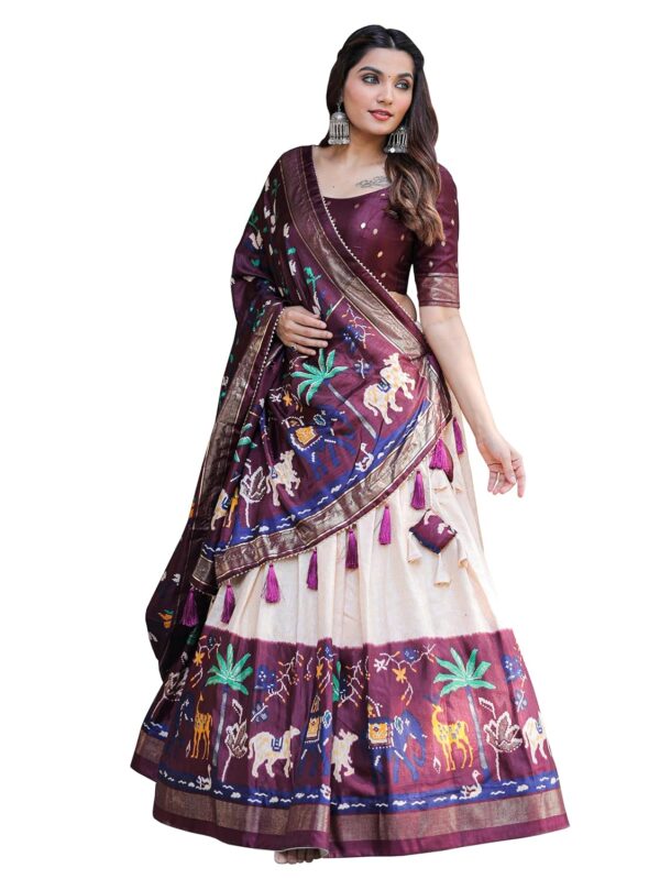MITRA BIZ Women\'s Tussar Silk With Leheriya And Foil Print Lehenga choli Set (WINE)