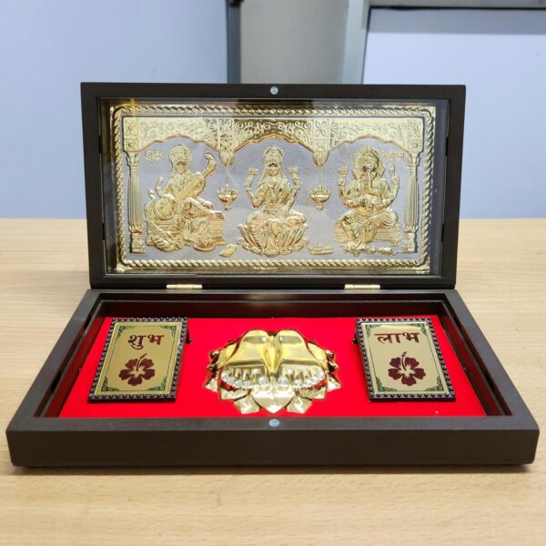 ARNAVIRA Gold Lakshmi Ganpati Saraswati Plated Photo Frame with Charan Paduka Pocket Temple for Diwali Gift, House Warming Gifts Return Gift Puja Box (Large)