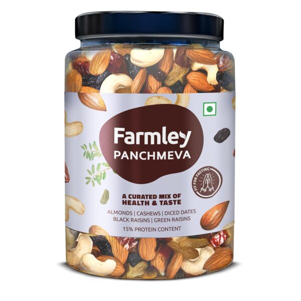 Farmley Panchmeva Healthy Dry Fruits Mix, 1 Kg, Fit for Fasting | Healthy Mixed Nuts with Dry Fruits | Almonds | Cashews | Dates | Black raisin | Green raisin, Reusable Jar