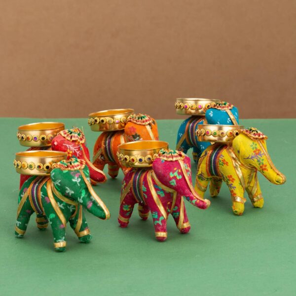 JH Gallery Handcrafted Recycled Material Elephant Tealight Candle Holder Home Decoration Item for Diwali (Multicolor, 8 X 5 X 10 Cm) - Pack of 6, Iron