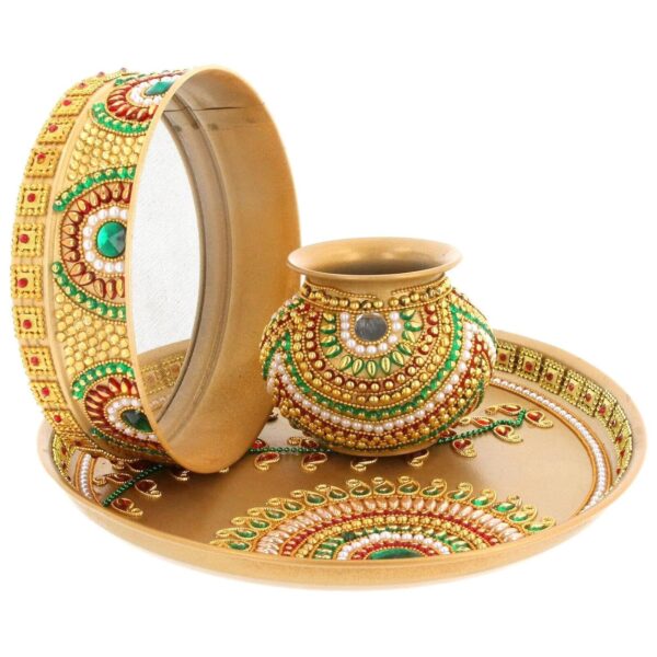 Handicrafts karwa chauth Set | karwa chauth thali | karwa chauth samagri | karwa thali Set | karwa chauth Pooja | kundan karwachauth thali | karwachoth Set | puja thali | lota,Bowl,chalni,thali Set