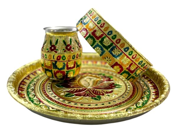 Traditional and Decorative Stainless Steel Karwa Chauth Pooja Thali Set | Stainless Steel karva Thali Set | Lota, Kalash, Chalni, (3 Pcs) (Multicolor) (Thali Size 12\'\') (Flower)