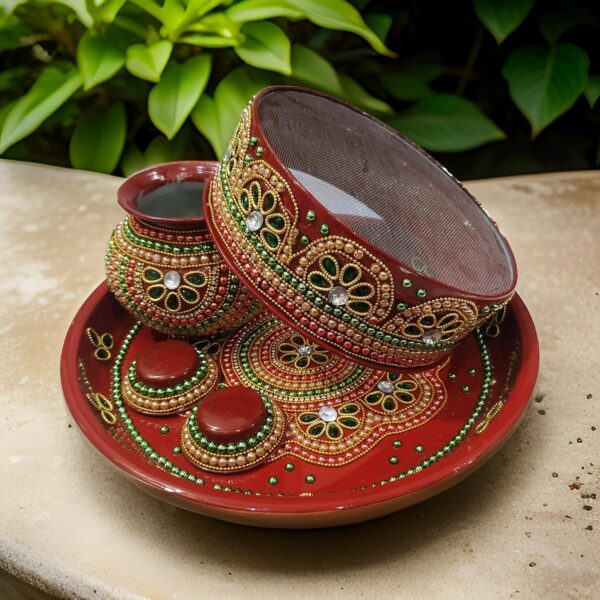 Salvus APP SOLUTIONS Flower Design Mutlicolor Stone Work Karwachauth Thali Set (Thali, Lota, Diyas & Chhani) for Karwa Chauth (Multi)