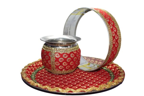 Radhe Creations Karwa Chauth Pooja thali/Kalash, Chalni for Chand Pooja & Decorated Thali Steel Set. (3 Pieces, Red)|| Assorted colour and design