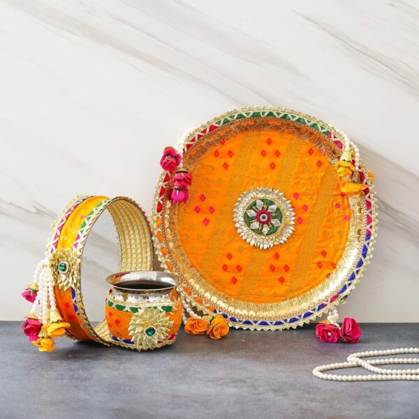 eCraftIndia Multicolor Floral Decorative Handcrafted Stainless Steel Karwa Chauth Pooja Thali Set with Plate, Chalni, Lota & Chunri - Karva Chauth Puja Thali