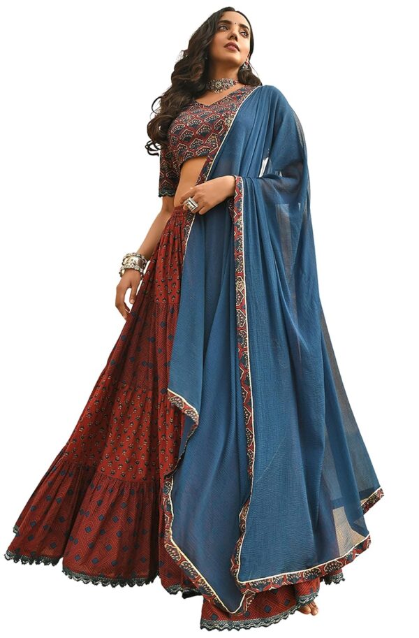 Janasya Women\'s Pure Cotton Ethnic Motifs Printed Tiered Ready to Wear Lehenga Choli Set
