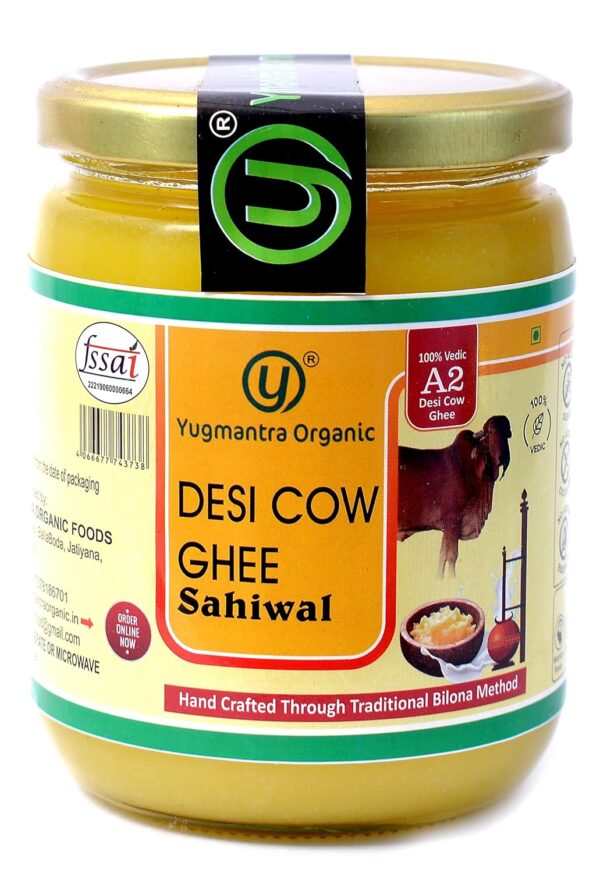 Yugmantra Organic Foods -100 % Natural Pure & Fresh Danedar A2 Milk Sahiwal Desi Cow Ghee 500 Ml | Bilona Method | Lab Tested | Desi Ghee | Highly Nutritious | Boost Immunity & Energy