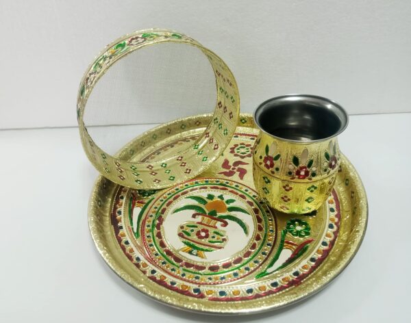 Karwa Chauth Special Stainless Steel Puja Thali Meenakari Work, 1Pcs of Thali, 1 Pcs of Chalni, 1 Pcs of lota