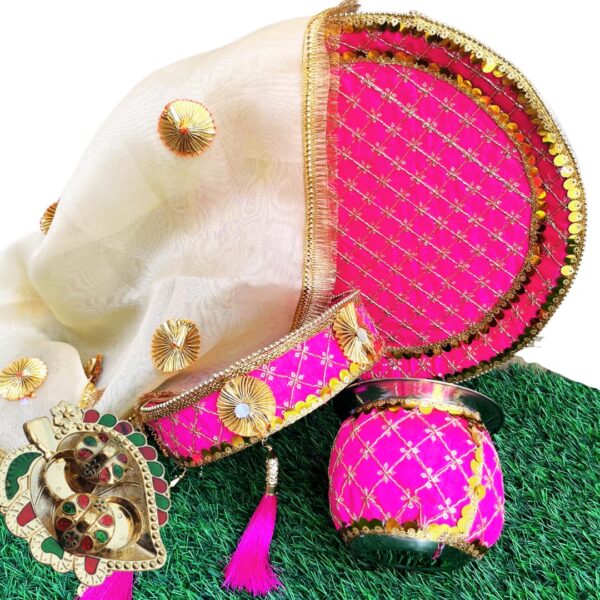 Artonezt Embroidery Designer Pink Latkan Karwachauth Thali Set (Thali, Kalash, Chalni, Thal Posh, Small Plate) Puja Thalis Karwa Chauth Poojan Wedding Diwali Navratri Varalakshmi Lakshmi Ganesh Aarti
