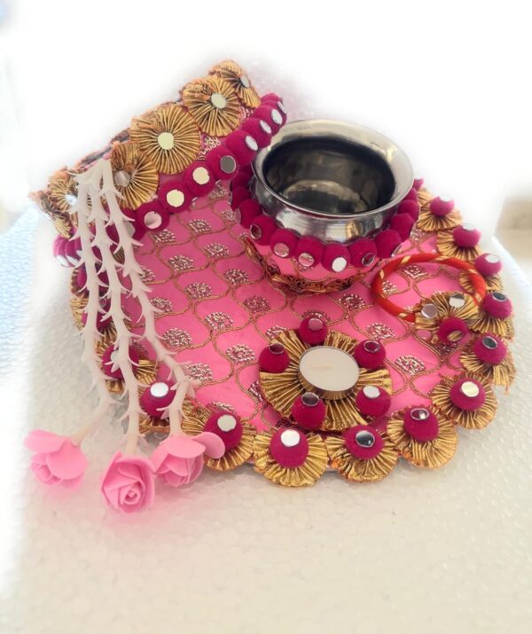 Beautiful Pink Colour Full Karwa chauth thali Set of 5 Pics For Puja Varalakshmi Marriage Ganesh Arti Puja Pooja Thali For Pooja Room Traditional Karwachauth Thali Set