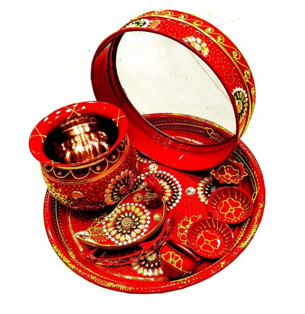 CLUZE Karwachauth Thali Set - Karwachauth Puja Stainless Steel Thali Set - Channi/Lota/Diya/Bowls/Kalash/Kumkum Box, 0.5 Liter