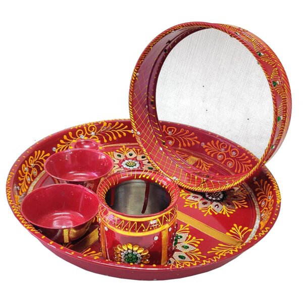 Aadittral Karwachauth Indian Special Customized Karwa Chauth Decorative Pooja Thali (Red with Multicolour) Set 6 Pieces #kkN03
