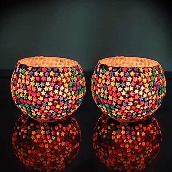 TIED RIBBONS Pack of 2 Turkish Mosaic Glass Votive Tealight Candle Holders - Diwali Decorations Items for Table Home Decor Office Gifts (Glass, Multi Color)