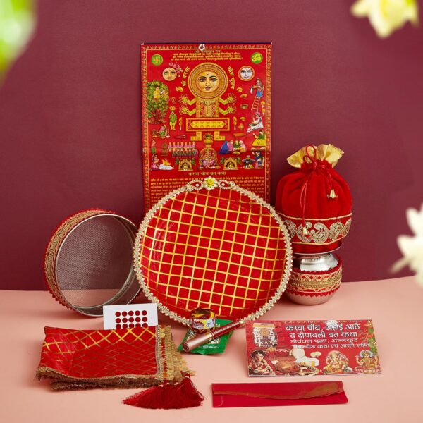 TIED RIBBONS Karwachauth Thali Set with Cover Combo - Steel Thali Lota Channi and Karwa Chauth Pooja Samagri Kit with Gift Box - Karvachauth Gift for Wife Sister (Combo Pack)