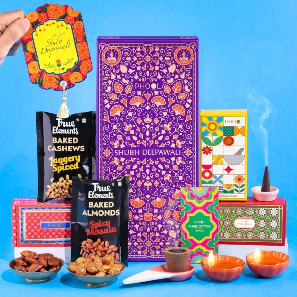 Phool Shubh Deepawali Gift Box - 7 Pack - Contains Padma Diya, 1. Natural Havan Cups (2U),Ceramic Holder for Havan Cups, Cashew & Almonds (15 gm), Pure Cotton Wicks, phool Incense Cones - Nagchampa (15U) & Diwali Greeting Card