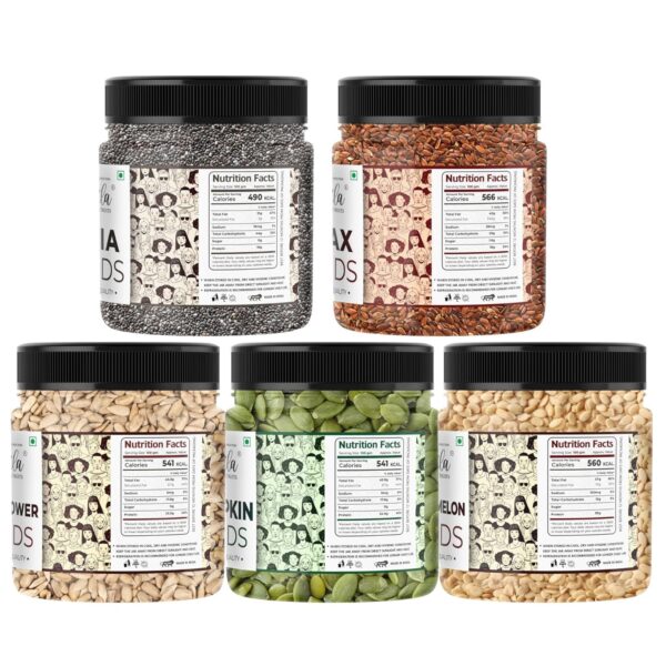 LILA DRY FRUITS 5 Superseed Combo (Chia, Flax, Pumpkin, Sunflower and Watermelon) 100gms each (500gms total) Immunity combo for Weight Loss | Mix Seeds for Eating | Diet Snacks | Superfood