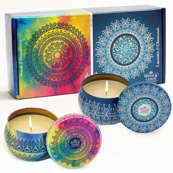 Bryan & Candy Scented Candles Gift Set for Women & Men, Neroli & Honeycomb | Lavender & Chamomile,100 gm Each Soy Wax Eco-Friendly Printed Tin