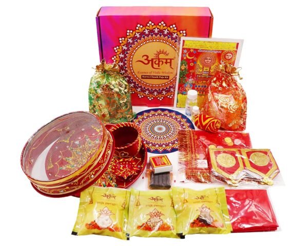 ARKAM Karwa Chauth Puja Samagri Kit/Chauth MATA Pooja Kit/Karva Chauth Puja Thali/KarwaChuath Pooja Thali with SolahShringaar Saman (40+ Items)