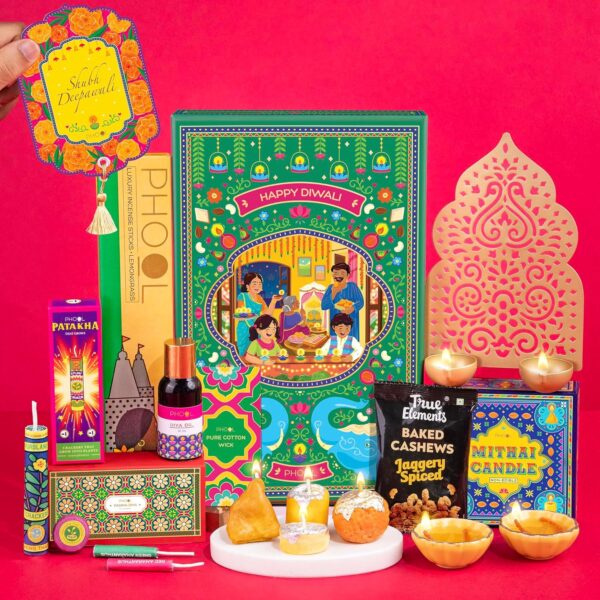 Phool Diwali Magic Gift Hamper - Pack of 9 Contains agarbatti with Wooden Holder, Mithai Candles Box,Padma diyas, Plantable pataka, Diya Oil, Brass Wall Diya Holder, Wick, Diwali Card,Cashew Mix (15g) diwali giftbox