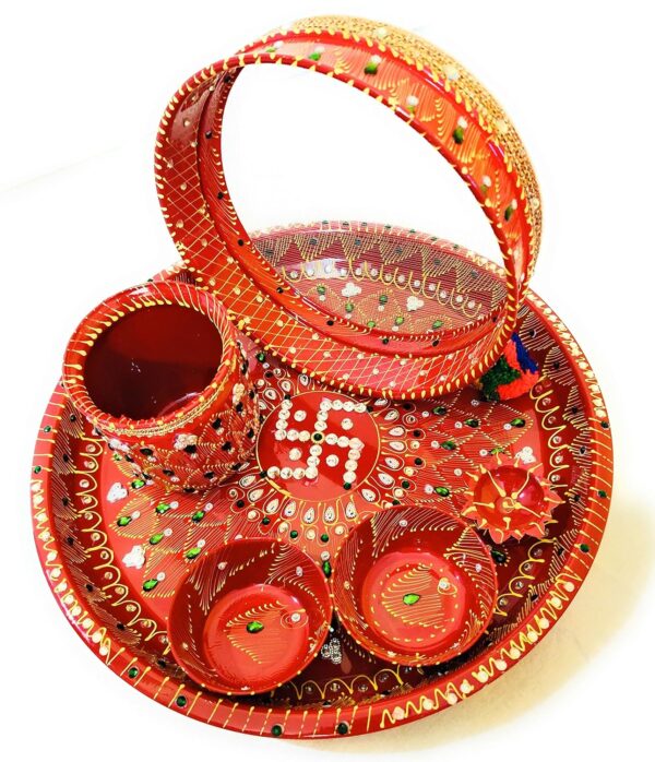 BAISA Stainless Steel Karwa Chauth 6 Pieces Decorative Pooja Thali Set (Red) (Thali Size 12