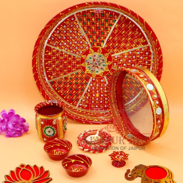 Jaipur Ace Karwa Chauth Traditional and Decorative Pooja Thali Set | Stainless Steel Thali Set | Lota, Kalash, Diya, and Bowls | Trafitional Poooja Thalis | Channi Lota Included (Pattern 2)