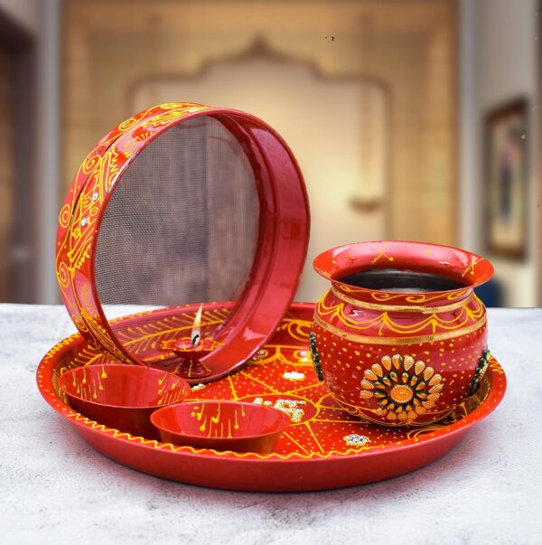 Archna Handicraft Metal Pooja Thali 6 Piece Set for Karwachauth Decorated Golden Stone Lace/Stainless Steel Karwa chauth Puja thali Set for Vrat Poojan